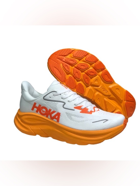 Hoka One One Shoes - Hoka One One White & Orange Women's Clifton 10 Athletic Running Shoes, Size 9B